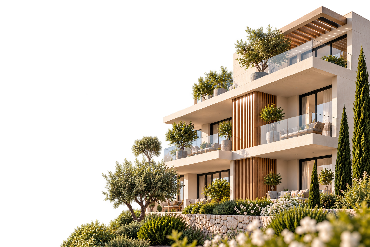 Résidence neuve contemporaine avec terrasses et espaces paysagers