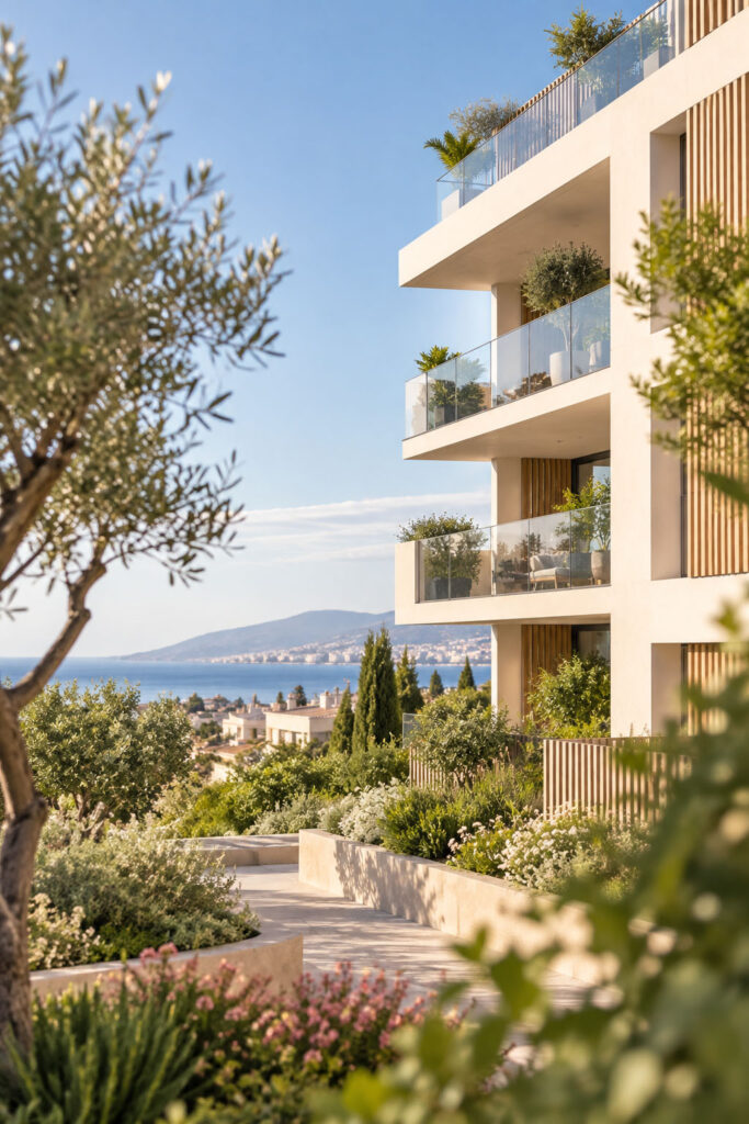 Résidence immobilière neuve contemporaine dans un environnement méditerranéen